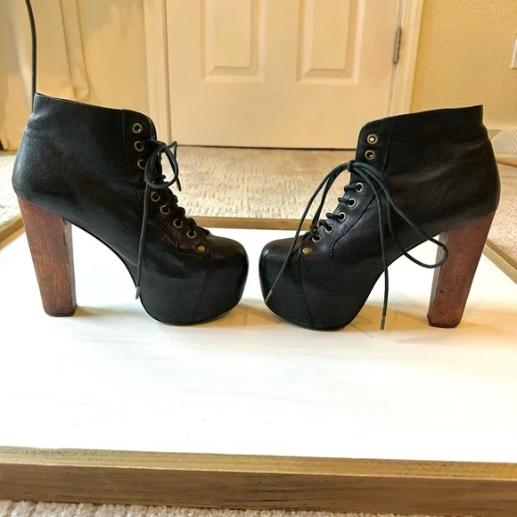 Jeffrey Campbell Black Leather Lace-Up Platform Ankle Boots with Wood Block Heel - Picture 3 of 12